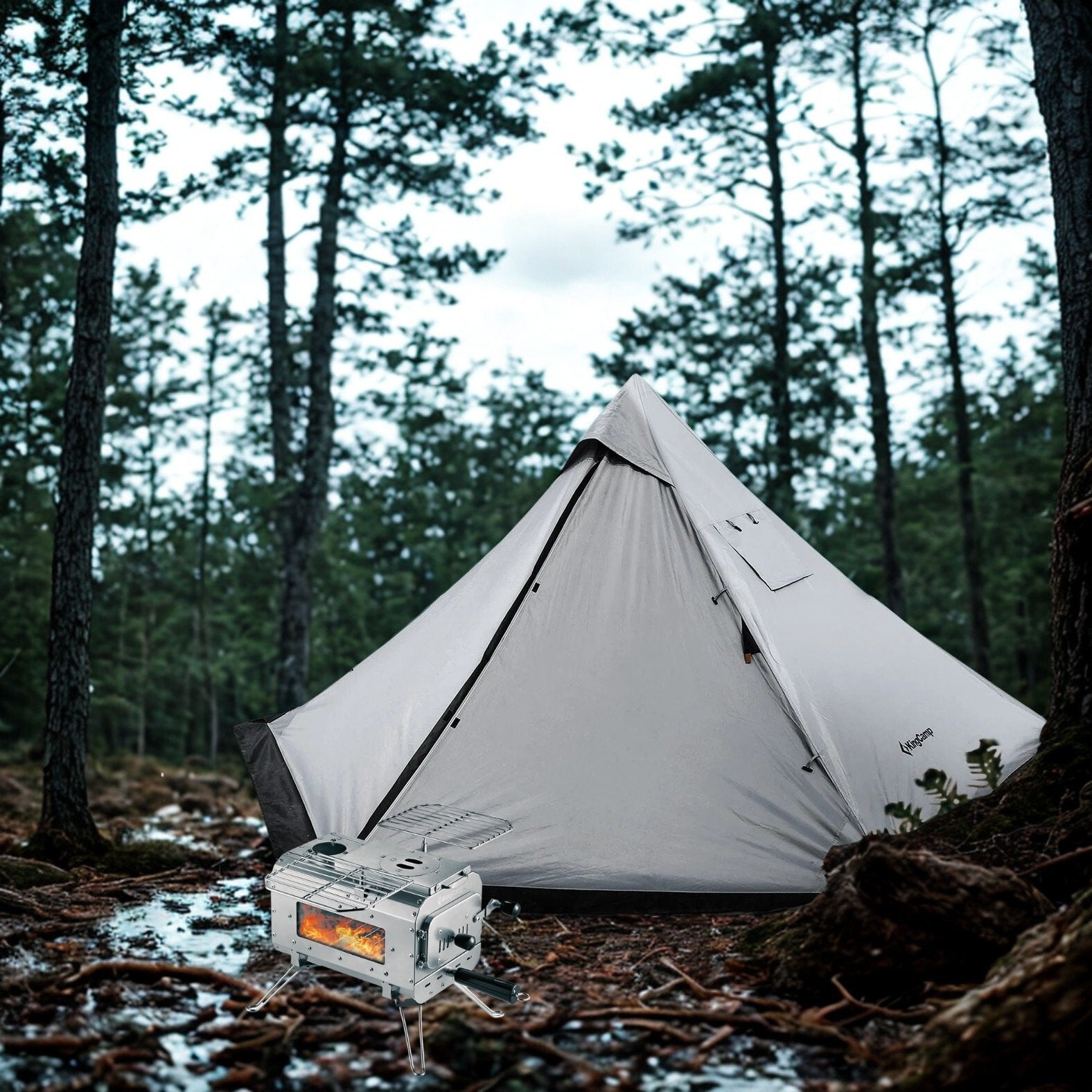 kingcamp-anizo-320-tipi-zelt-1-2-personen-surefire-zeltofen-bundle image 1